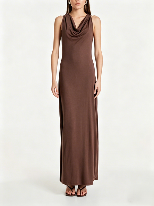 Chocolate brown cowl neck jersey maxi dress